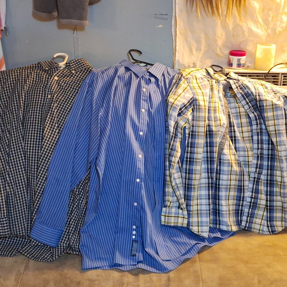 Men's long sleeve name brand button up sharp bundle of 3 shirts , XL ,18 34/35,